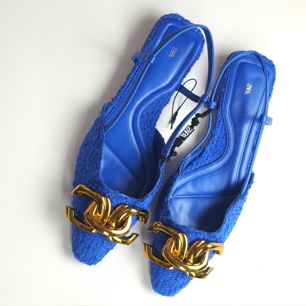 Zara Blue Tweed Sandals with Gold Hardware
